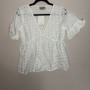 ASOS Design Shirt Women's‎ 4 White Broderie Smock Top With Fluted Sleeves Eyelet